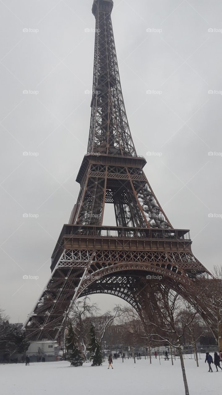 Eiffel Tower 2018 snowstorm in Paris, France