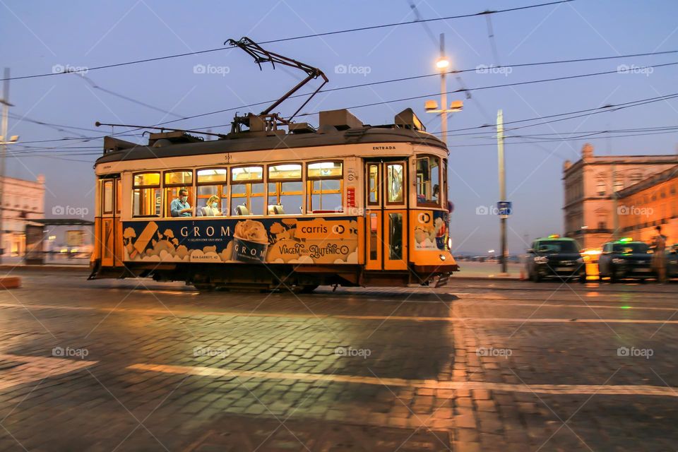 Tram in motion in Lisbon