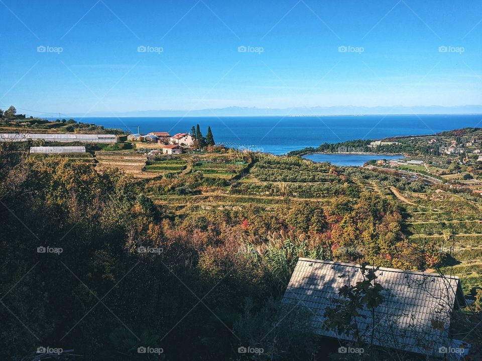Scenic view of the hills above seaside of the adriatic sea.