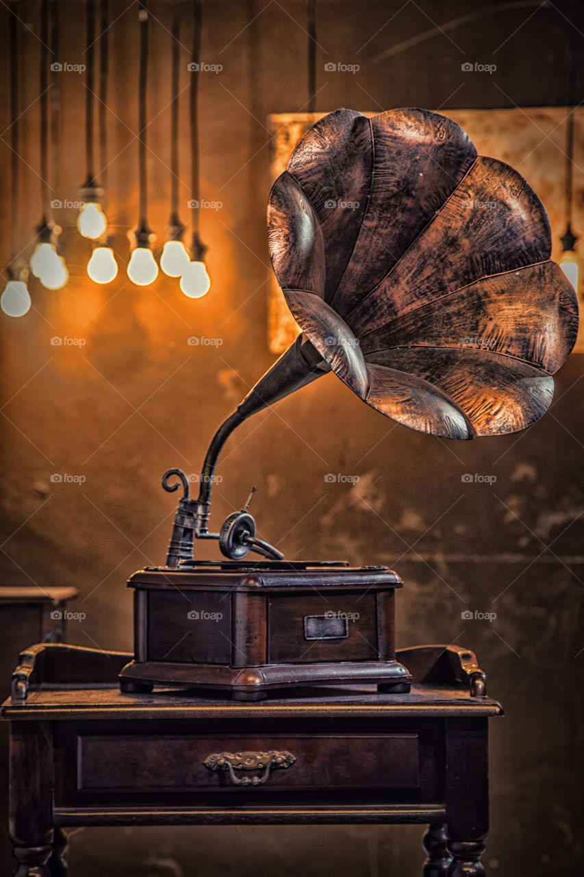 Antique gramophone on table