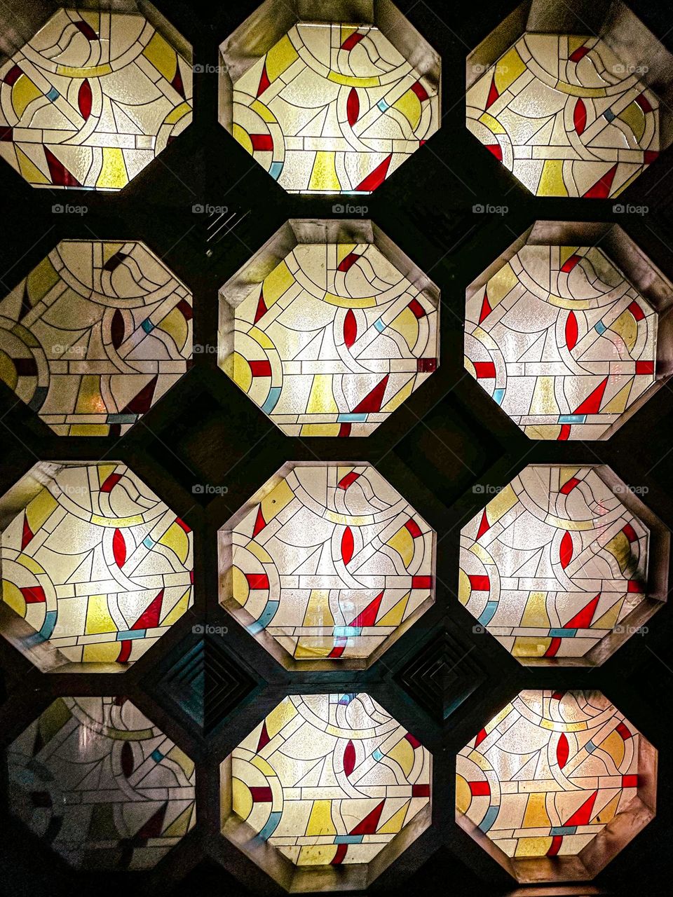 Geometric shapes: Octagons. Stained glass ceiling 