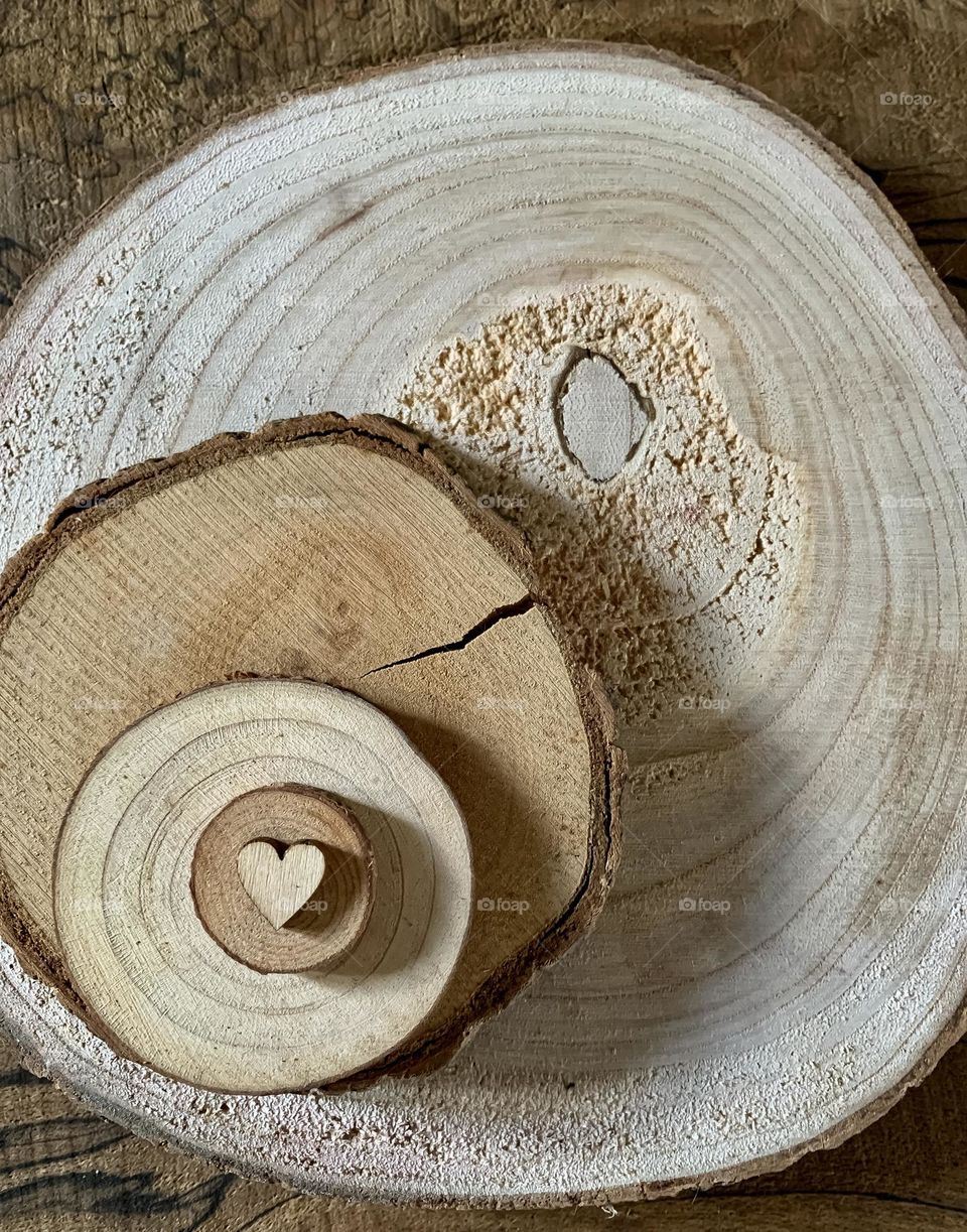 Cross sections of assorted pieces of stacked wood, revealing tree rings and topped with a tiny wooden heart