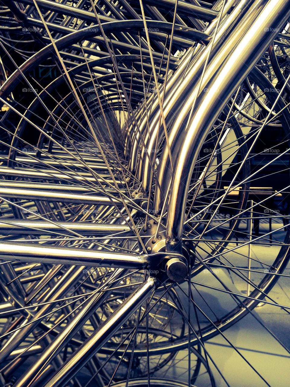 Close-up of metal wheel of bicycle