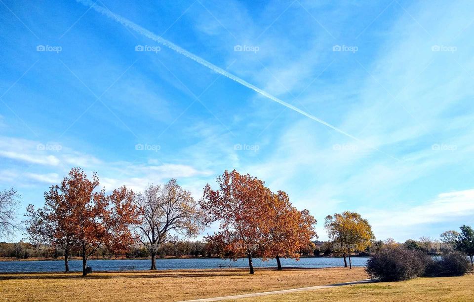 Plane streaked sky. Beautiful color changing trees near water "Fly Away Fall".