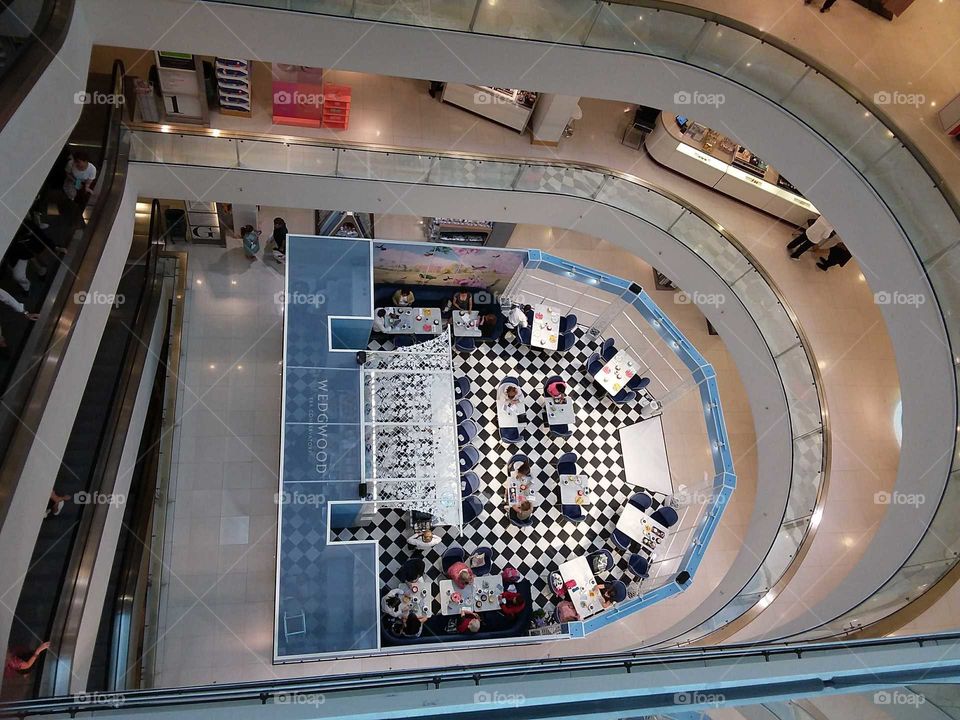 Peter Jones atrium Wedgwood aerial view of teatime at the store Sloane square Chelsea Kings road London