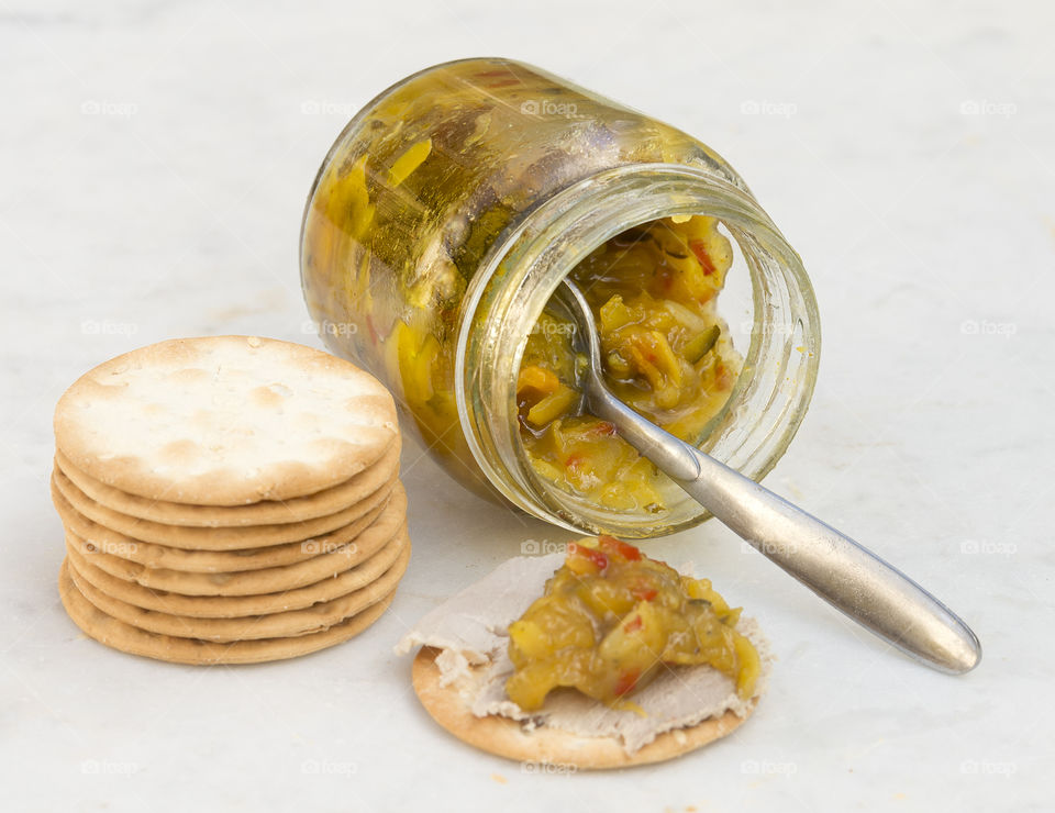 Mustard pickles and dry crackers