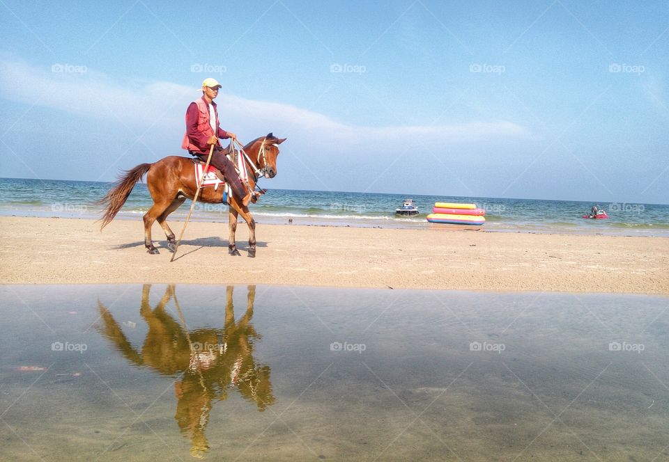 Reflection at the Beach. Horseback riding can be exciting along the beach.