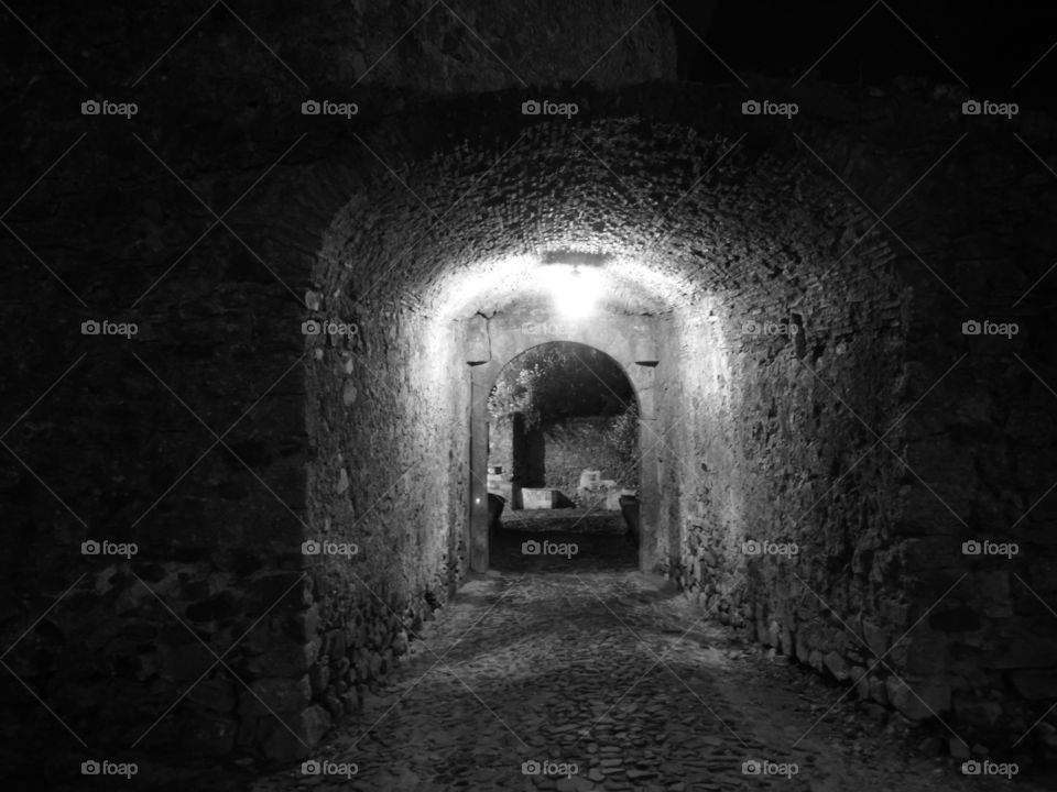 Monochrome Castle Tunnel, Night, Castelo de Vide, Portugal