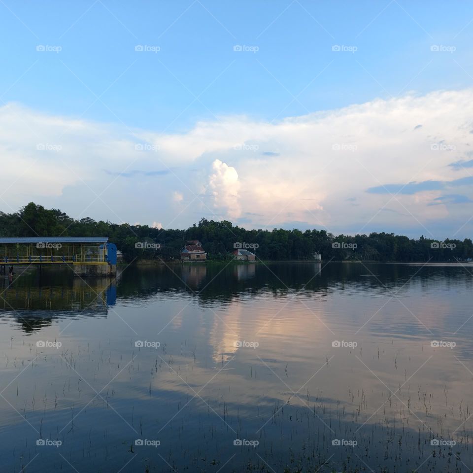View of the lakeside in the evening