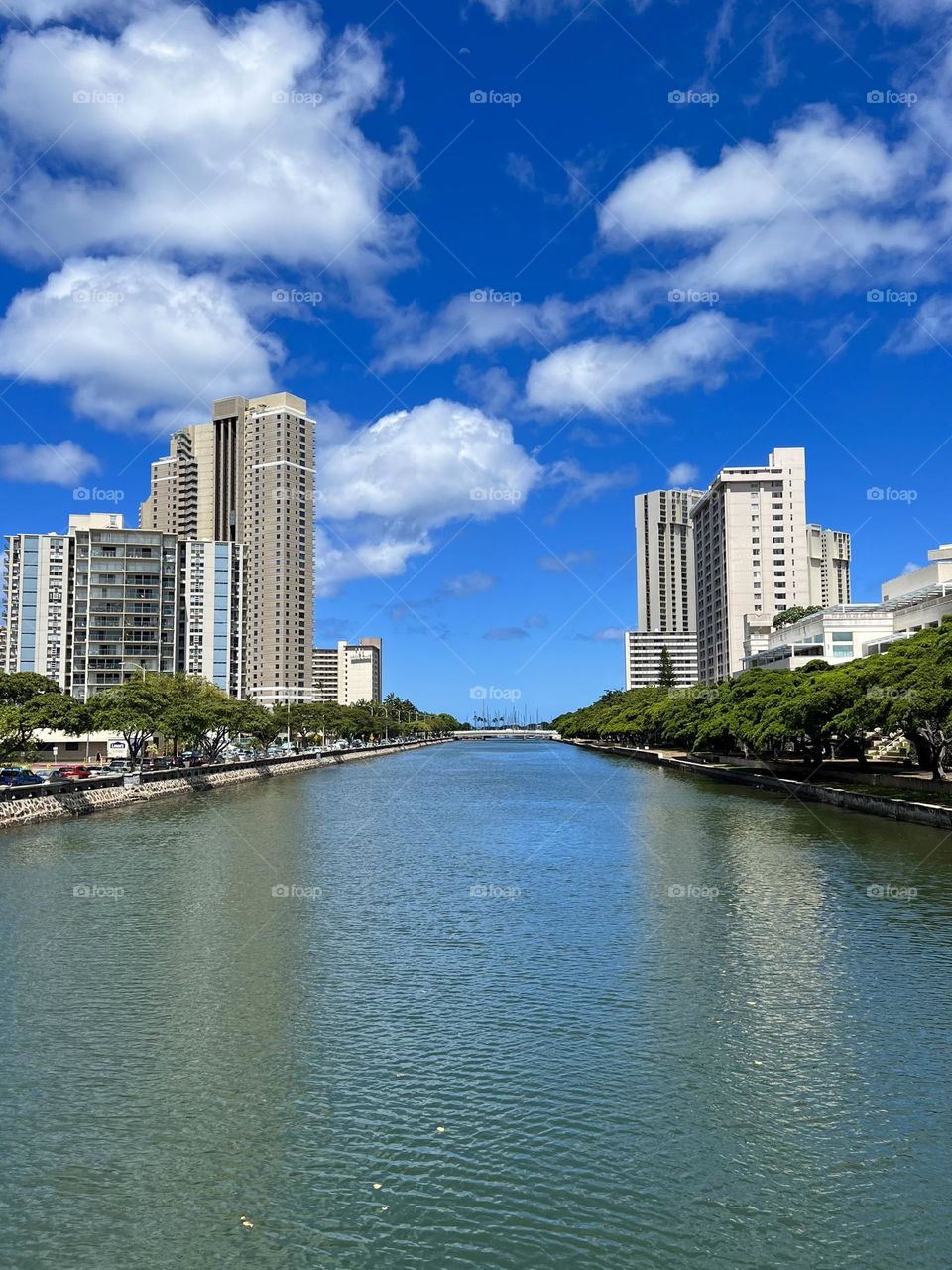 View of the Ala Wai Canal from Kalakaua Avenue in Waikiki 