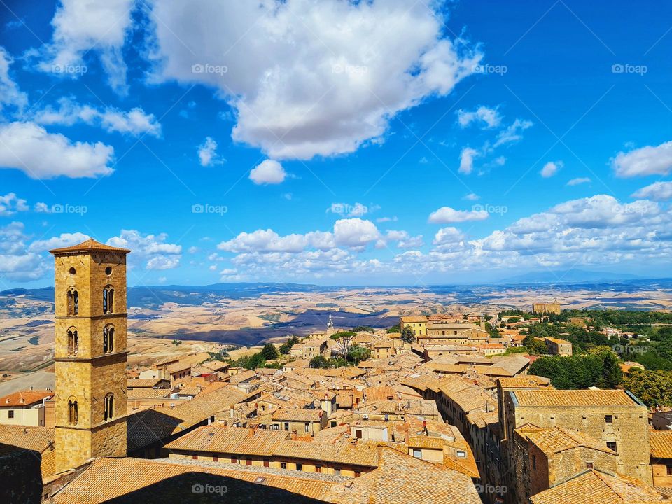view from the top of the old roofs of Volterra in Tuscany