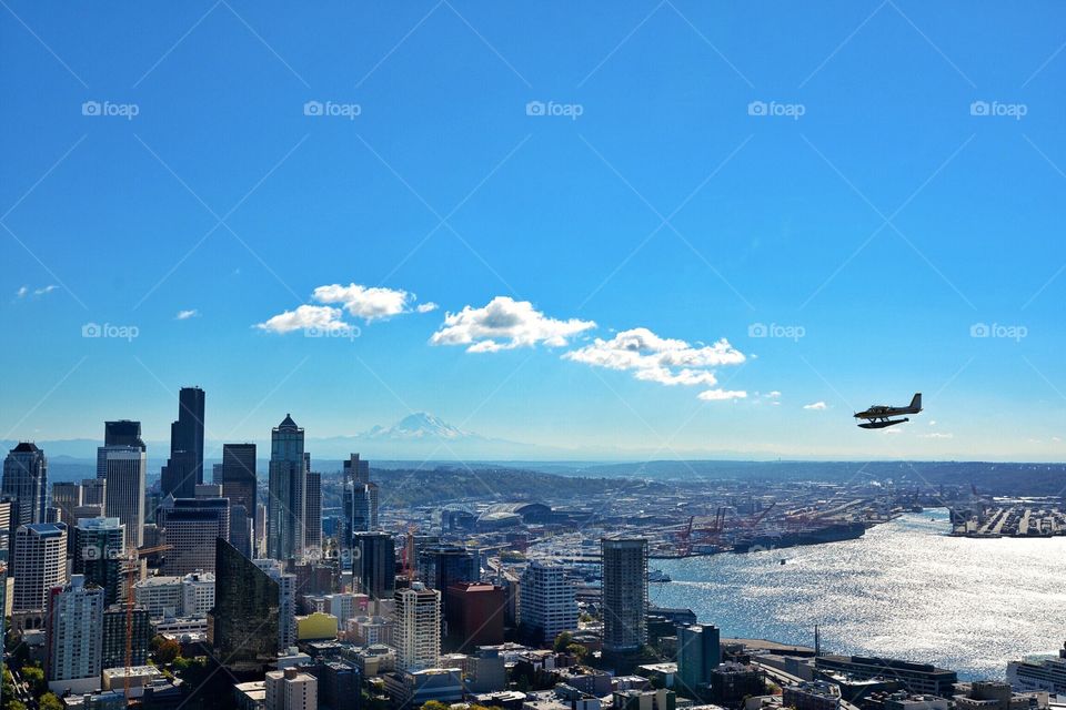 Seattle with Mt Rainer and seaplane