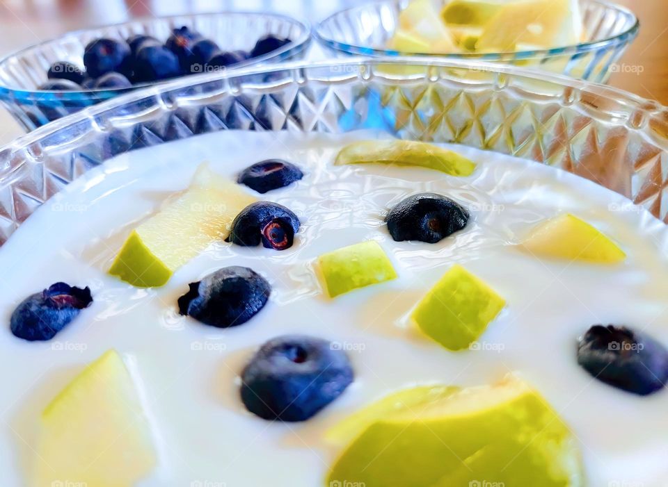 blueberries, green apple and greek yogurt