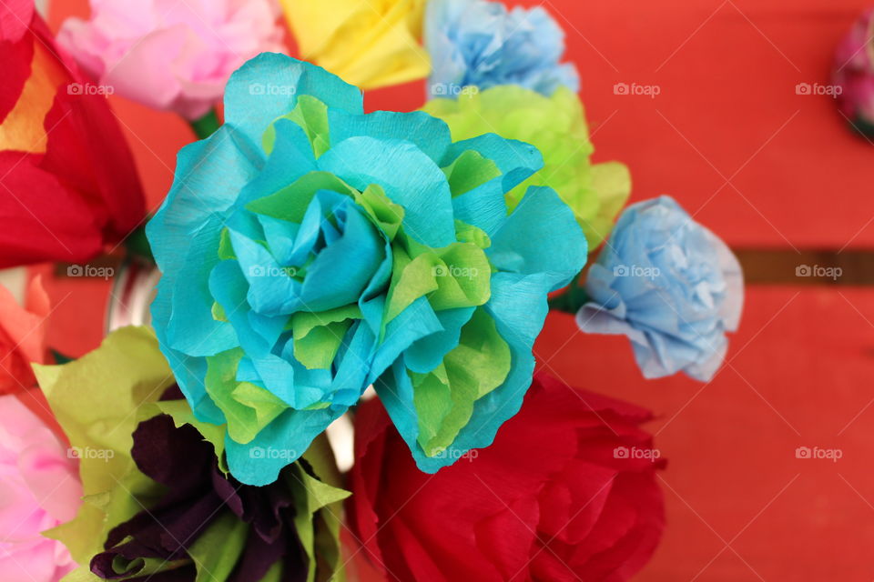 Romantic colorful paper flower bouquet made by children