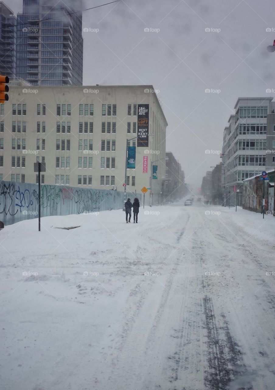 Snowy day on Kent Ave in Brooklyn NY