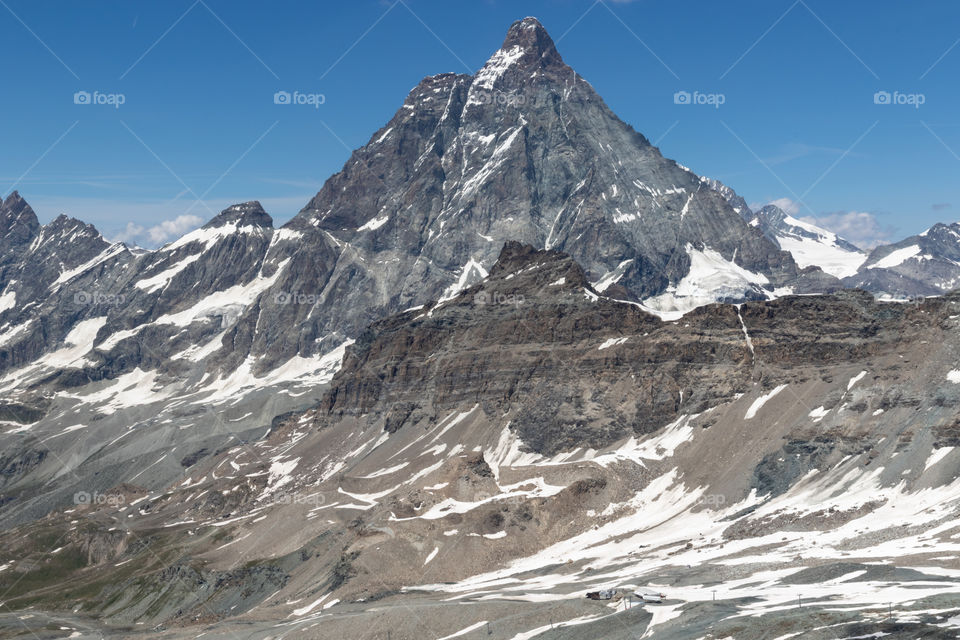 Matterhorn Italy, mountain peak Italian Alps in summer, Breuil-Cervinia Italia, Monte Cervino, Italien sommar alptopp Alperna