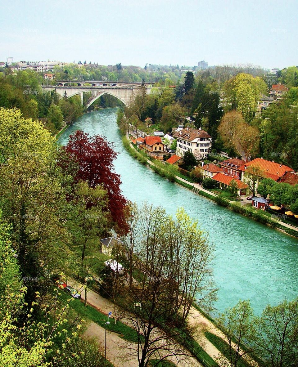 Aare River is the longest river in Switzerland extending 288 kilometers with a bautiful turquoise color and flows around three sides of the city of Bern.