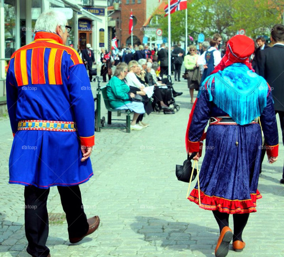 Two sami walking down the mainroad on The Norwegian  Constitution Day