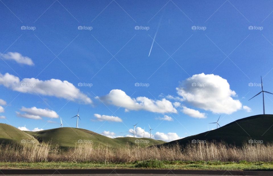 Wind turbines stand righteously in the green field, they contemplate the blue sky and play with the wind. 