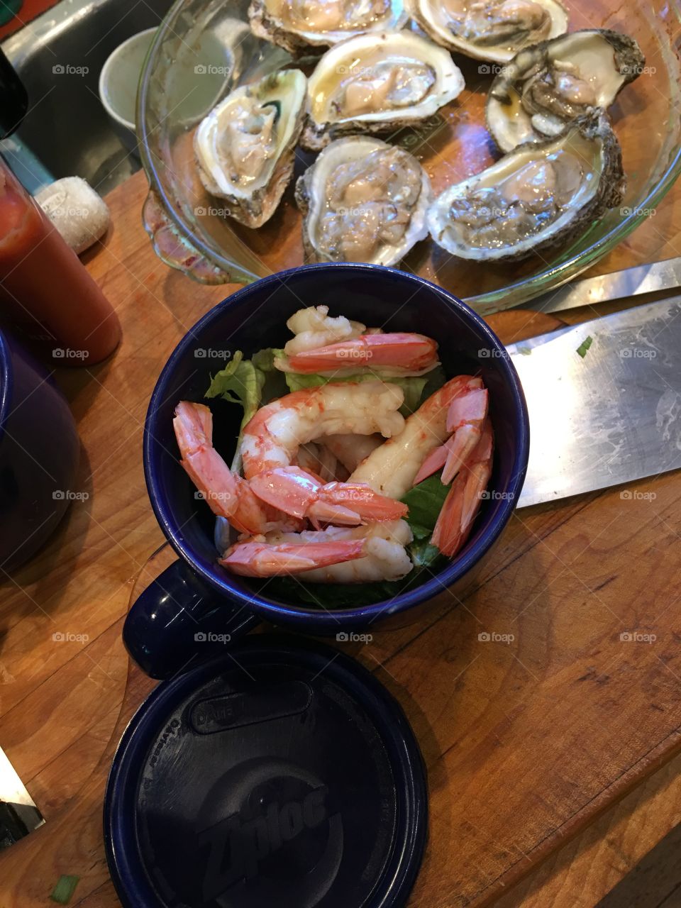 Shrimp cocktail and oysters on the half shell.  Love fresh seafood and cooking with my uncle!