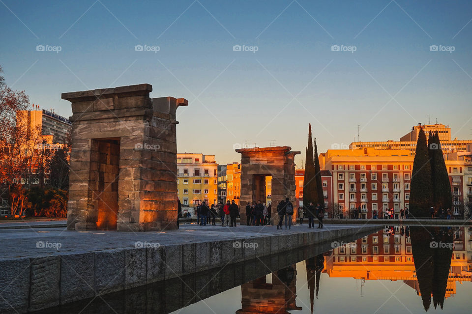 Dusk at the Temple of Debod (Templo de Debod) in Madrid, Spain. An Egyptian temple that was gifted and relocated. 