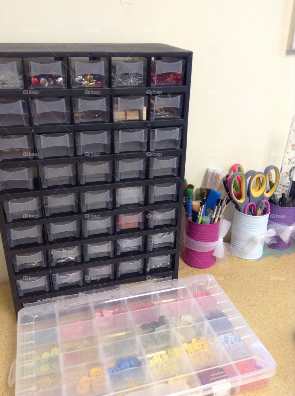 A look of a crafters desk from above. Organization is always key to 
keeping your desk neat. 