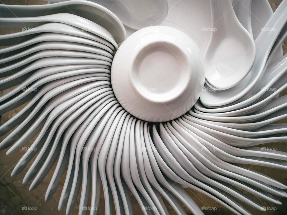 Ceramic spoons in a chinese restaurant