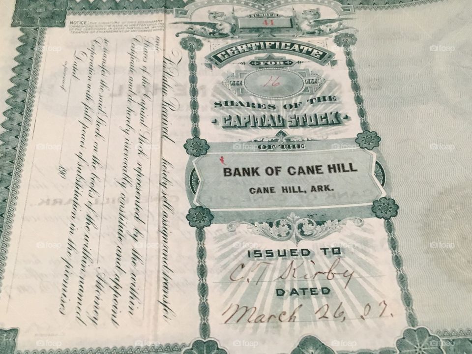 Certificate of shares of capital stocks. Bank of Cane Hill 16 shares.  Dated and signed 