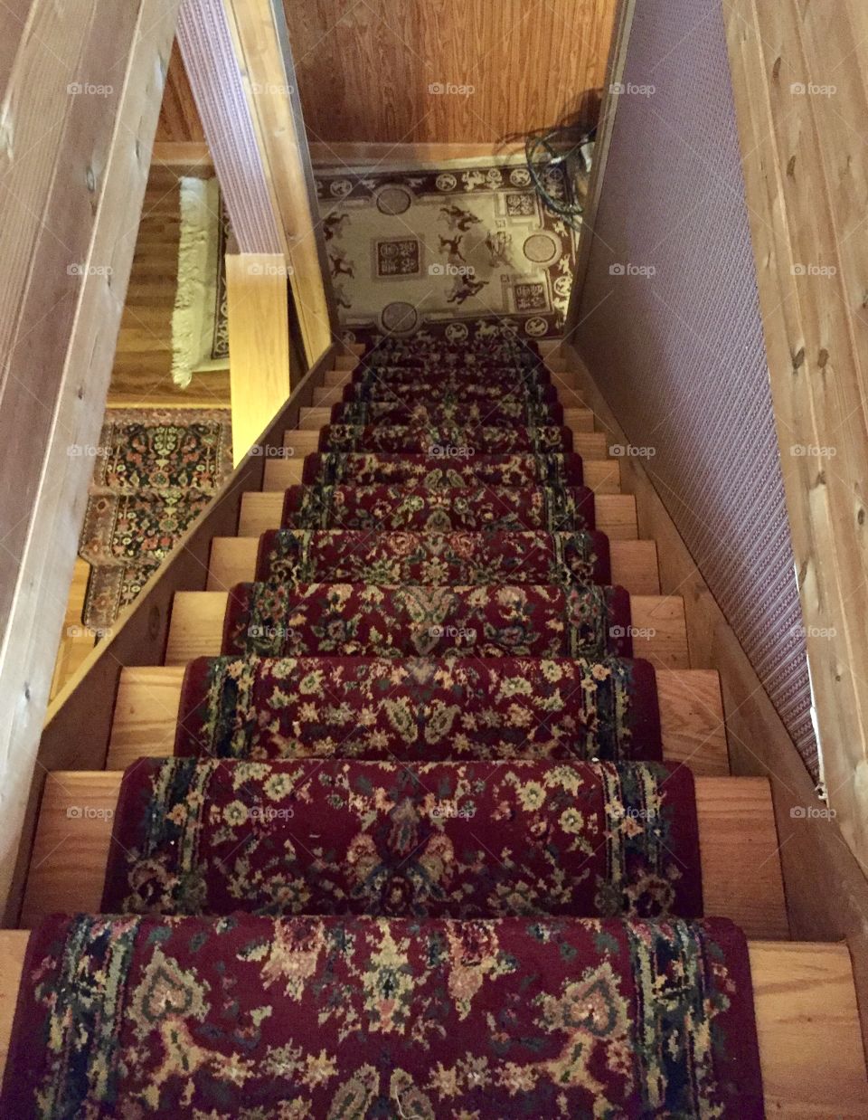 Looking down a staircase with a red traditional rug