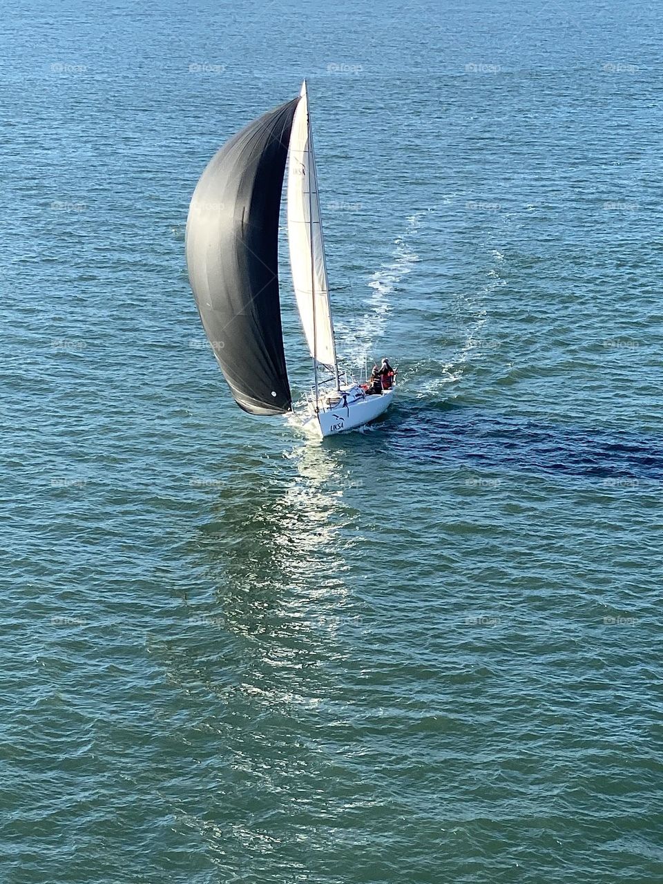 Wind in the sail of this boat flying across the water