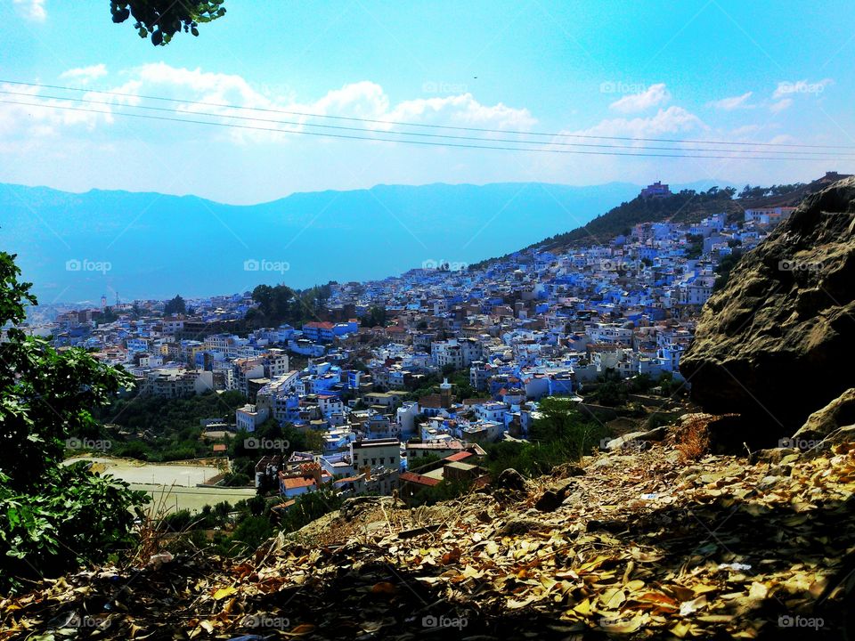 Chefchaouen town through the trees at Morocco