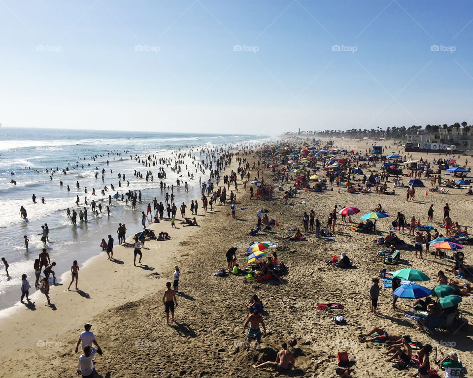 People sunbathing at Santa Monica beach, CA