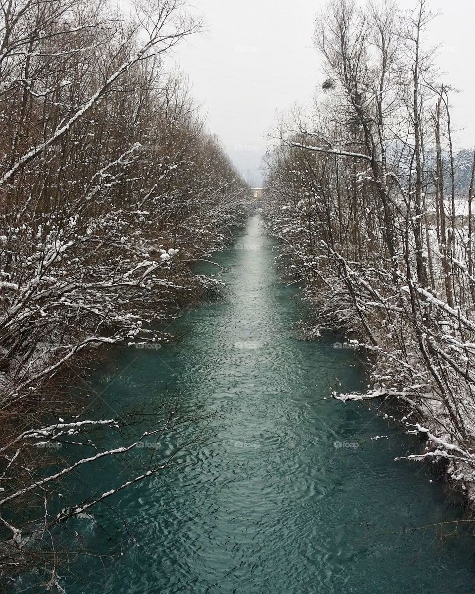 Natural winter with canal and forest