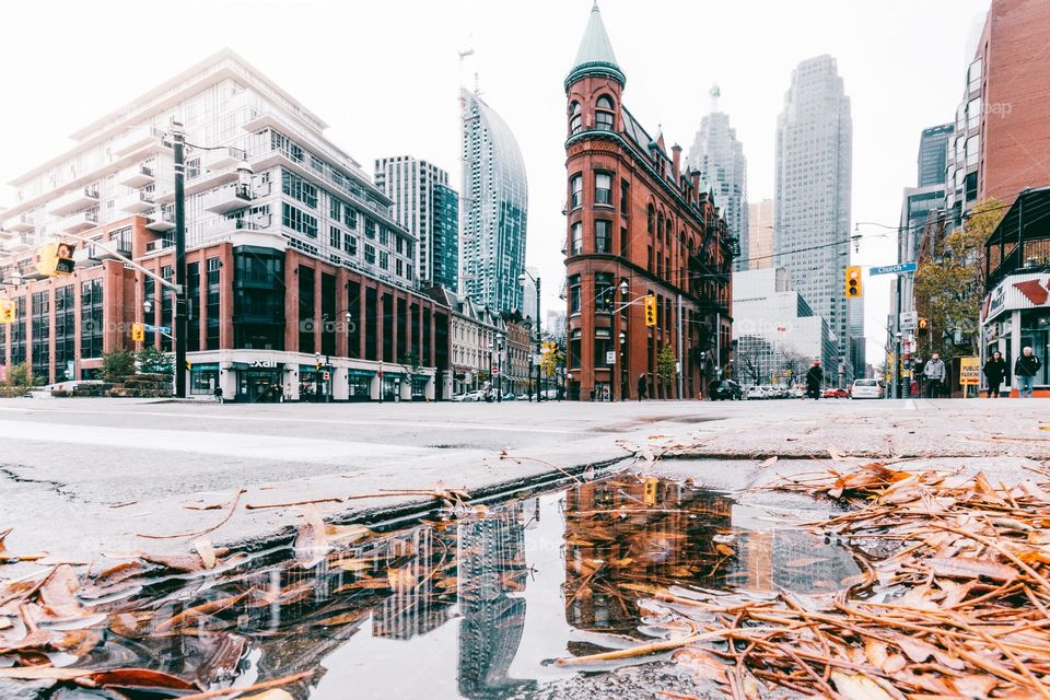 Reflection of gooderham building on puddle