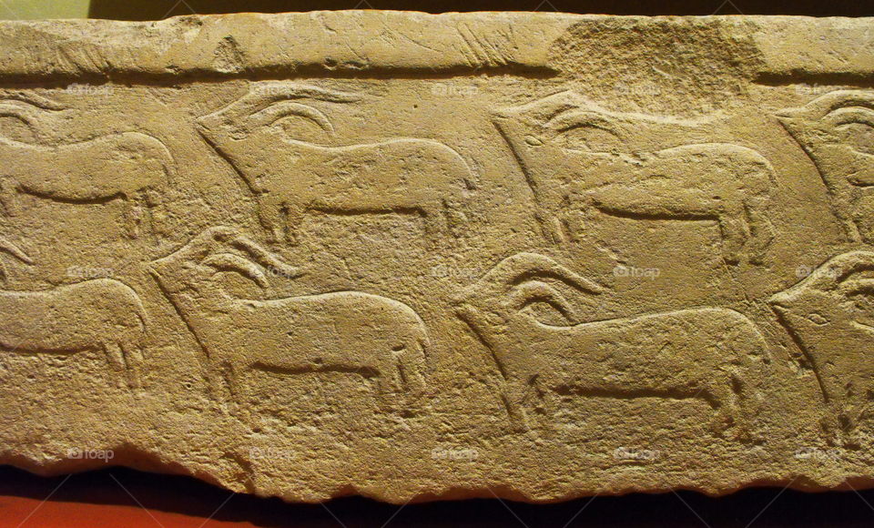 An ancient stone with lots of antelopes or goats