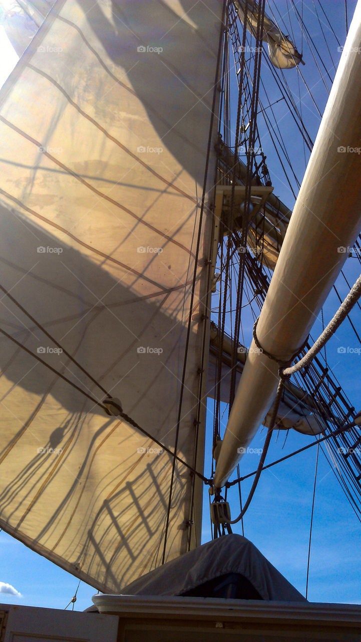 Sail against a blue sky, old sailboat