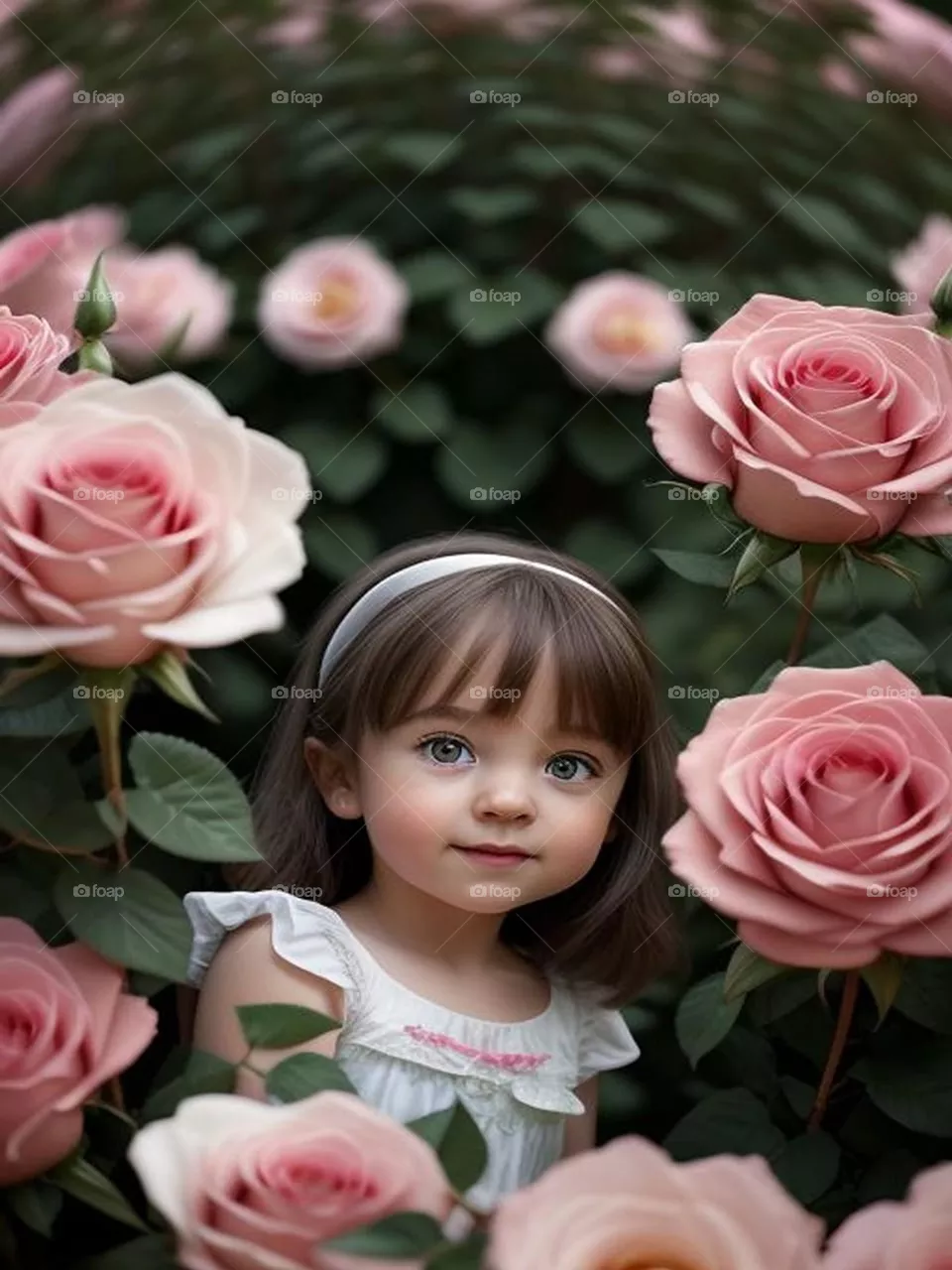 A little girl hiding among the roses