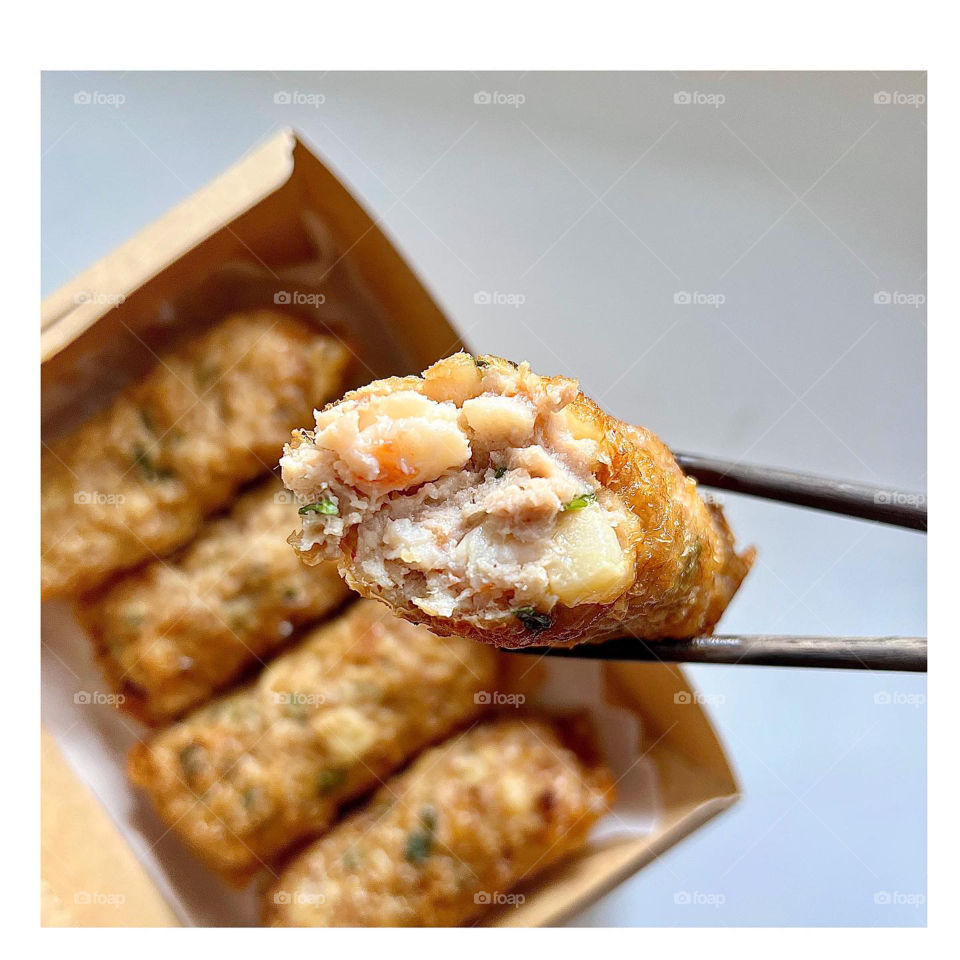 Homemade fat chunky savoury  ngoh hiang rolls 