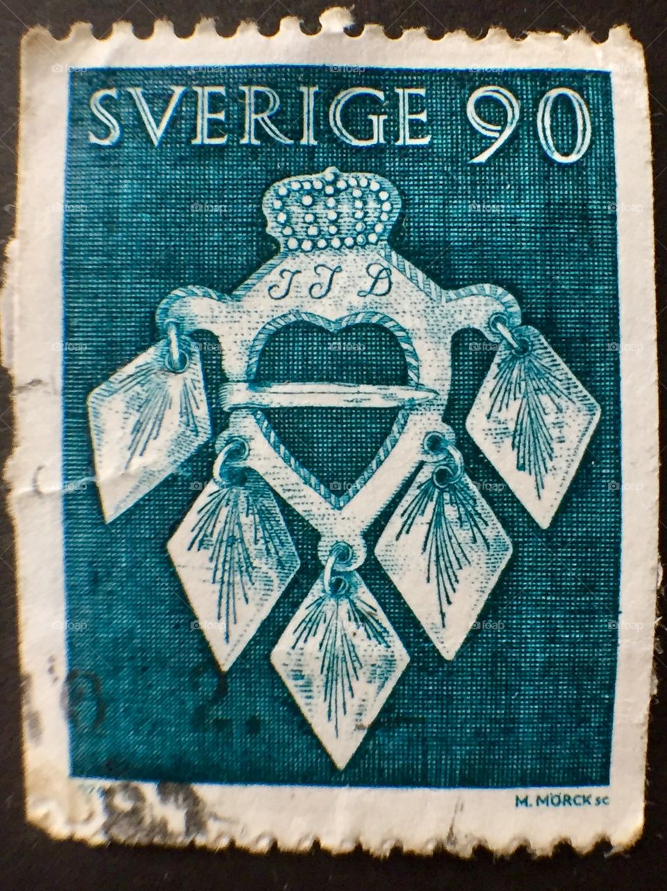 Swedish stamp sverige 90 ore depicting crown with initials JJB