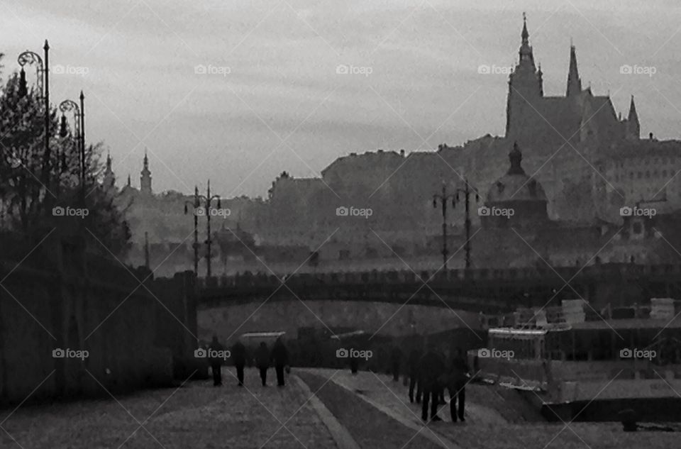 Prague fog old retro historic cold early winter tourism travel time castle bridge church river 