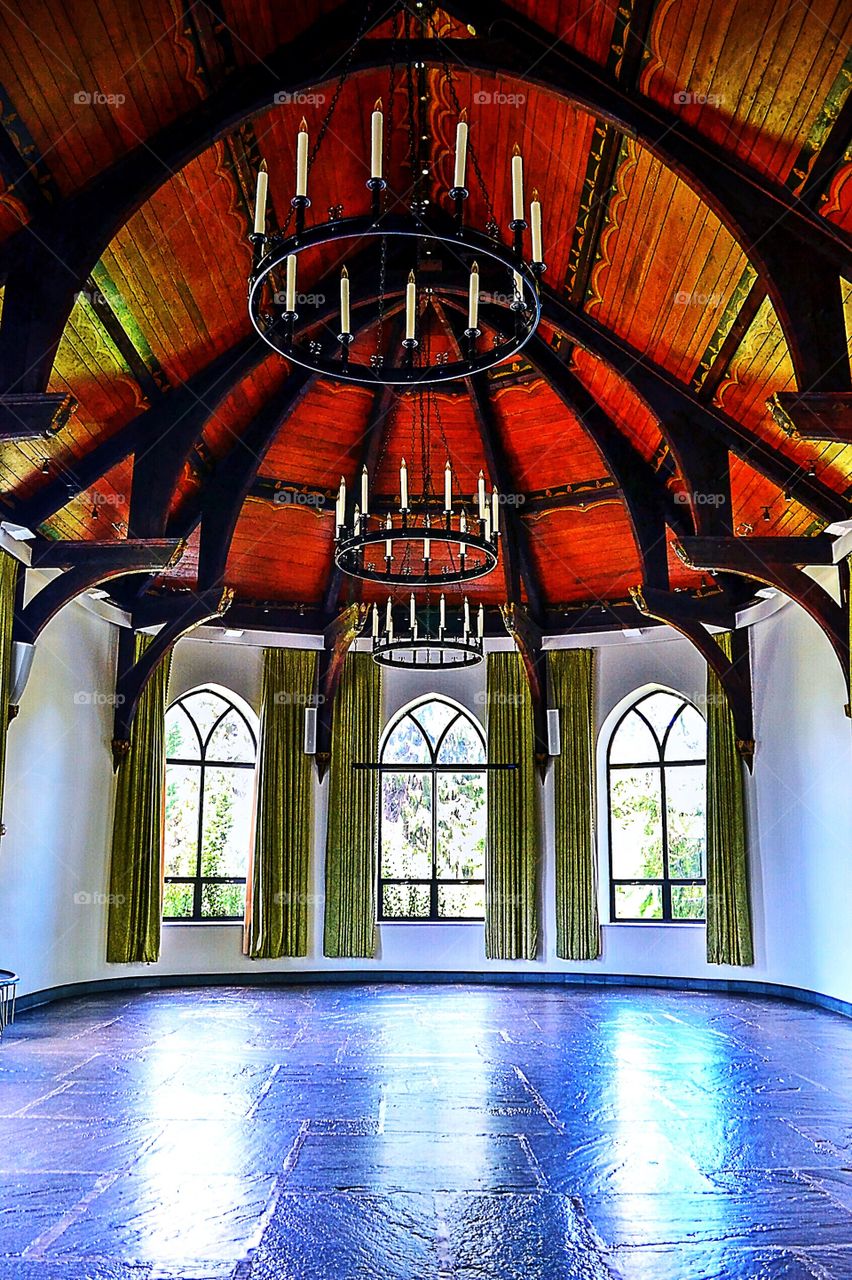 Wave Hill. Windows and chandeliers at Wave Hill's Ball Room