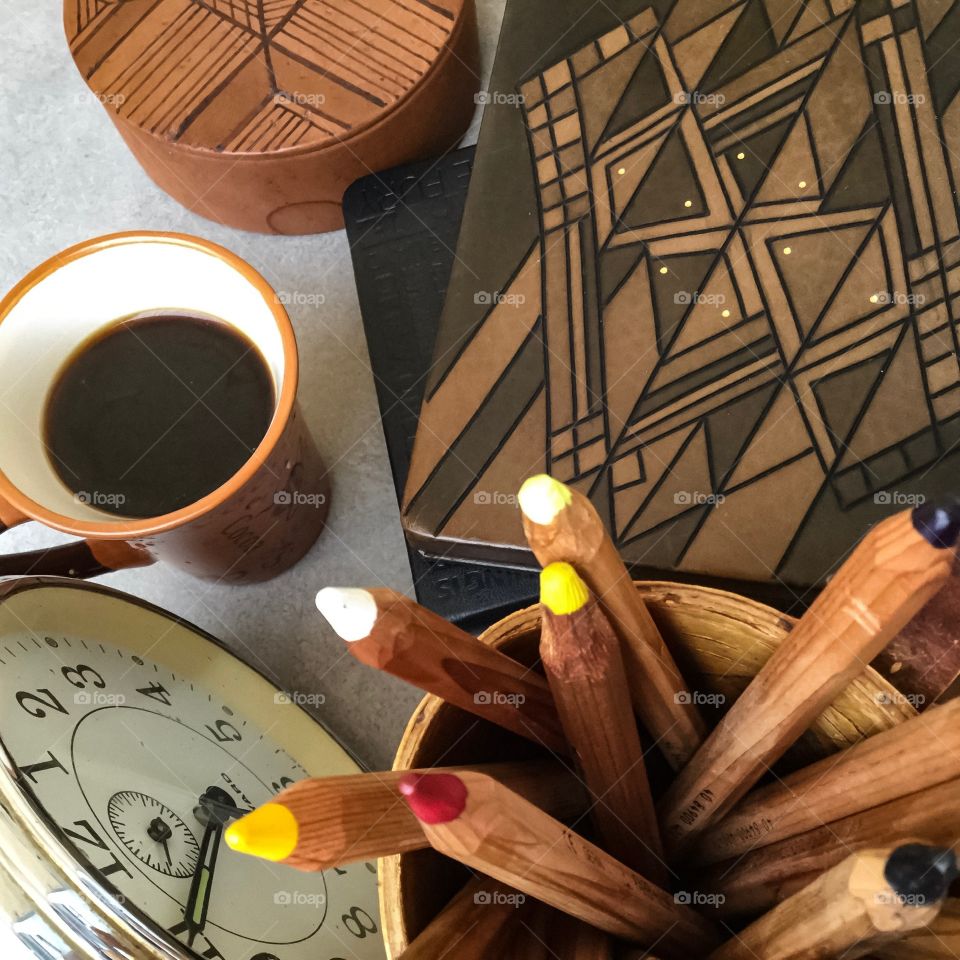 Color Pencils Clock Coffee Books Box