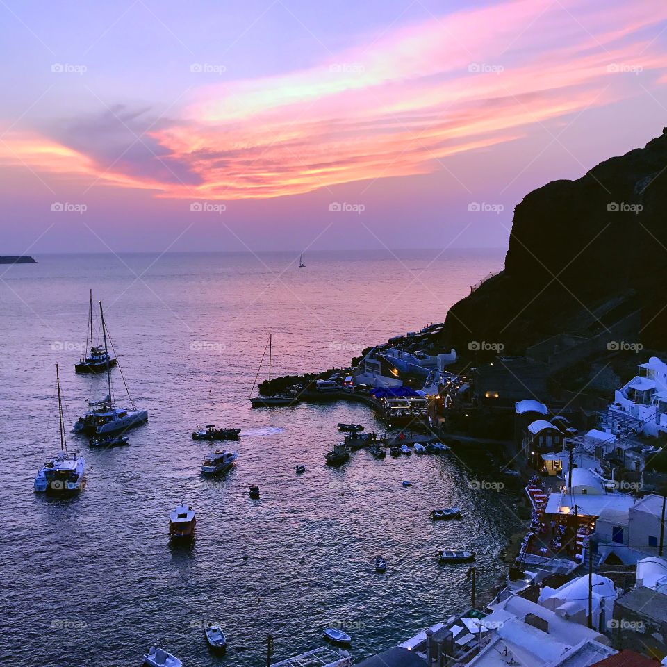 Greek island bay at sunset