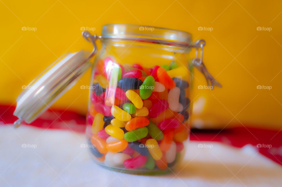 Jar full of jelly beans.