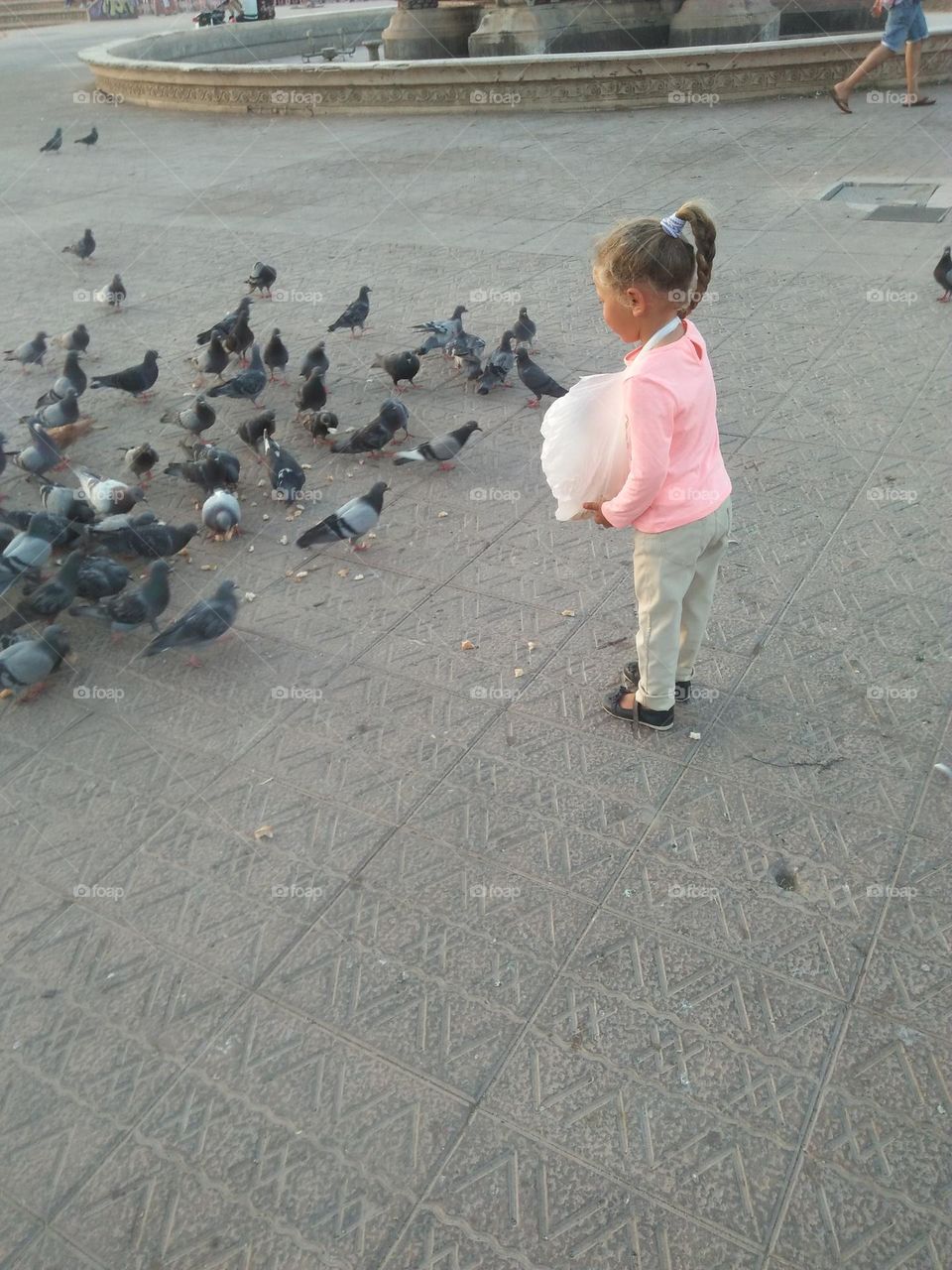 Pretty young girl feeds pigeons