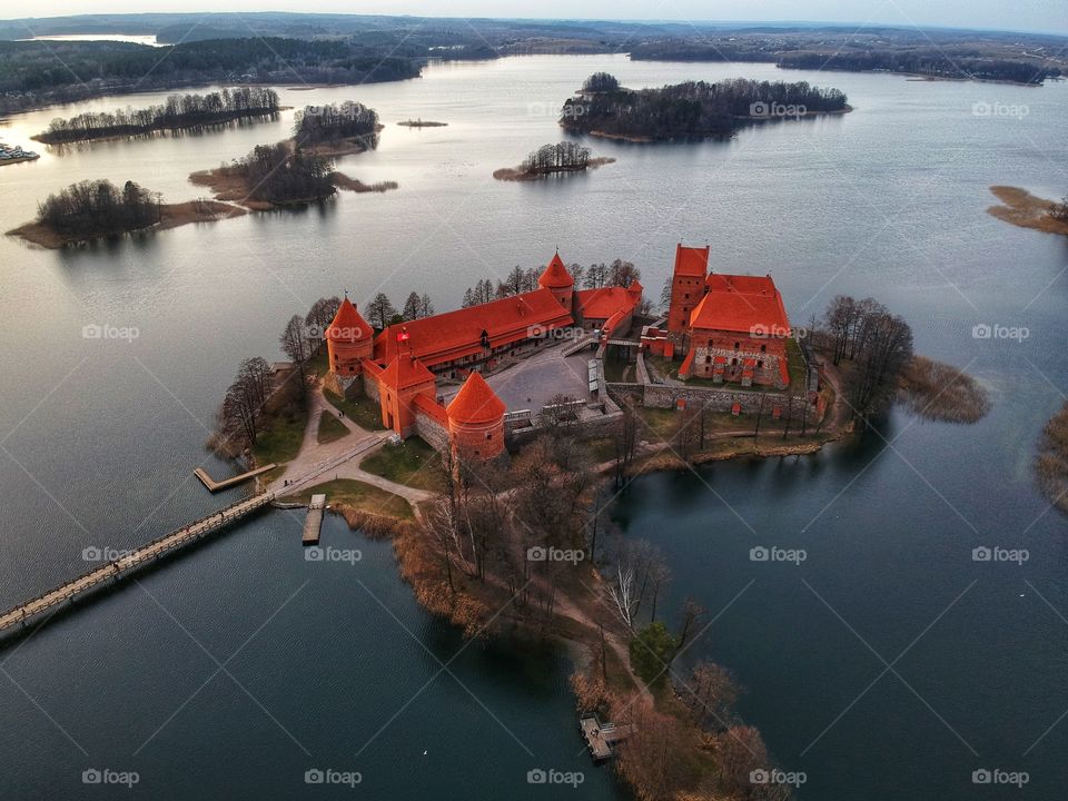 Trakai castle in the middle of the lake. The photo was taken with the drone.