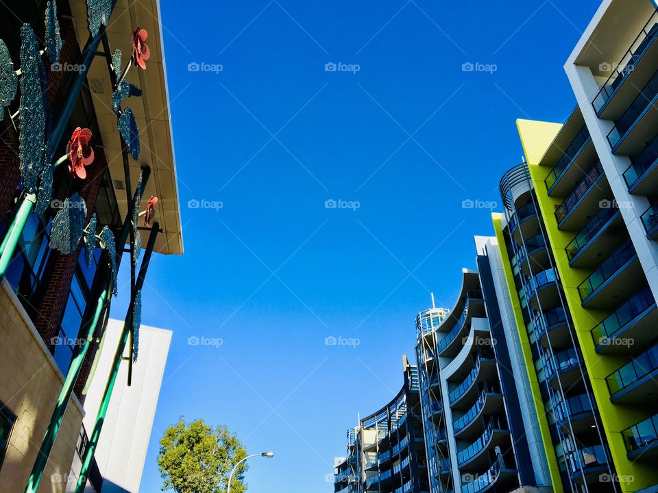 Street view with colourful buildings.