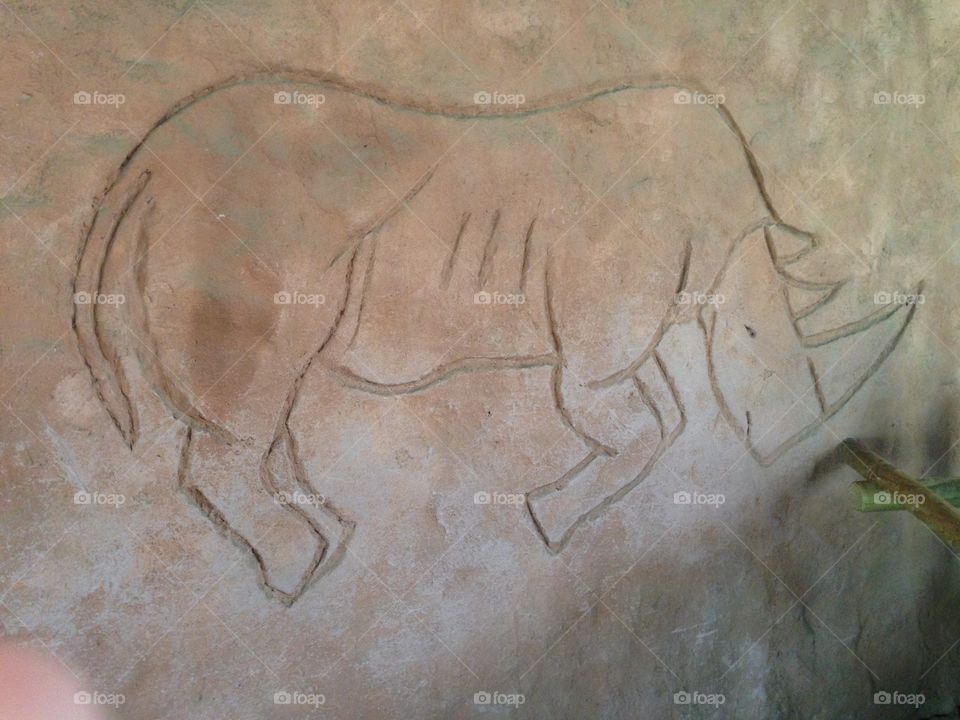Rhino carving into a cement wall