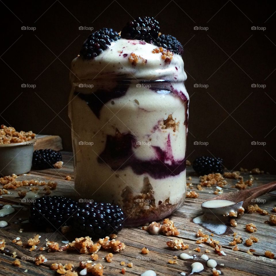 Blackberry Banana Nice Cream Parfait with crumb topping.