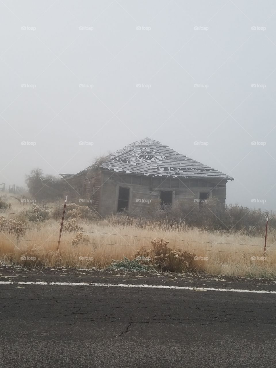 an abandoned cabin found in the Fog and snow